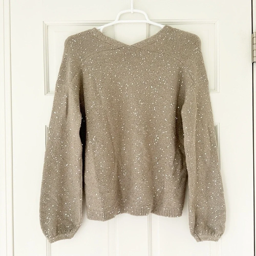 ANN TAYLOR LOFT sweater size XS brown taupe sequins v-neck - Picture 2 of 7
